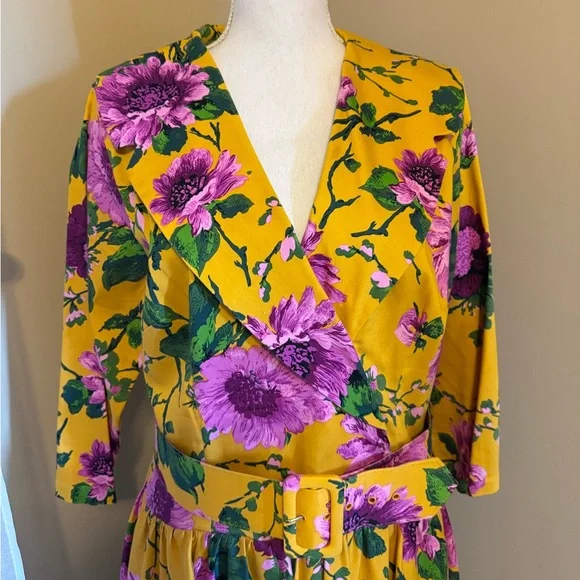 Pinup Couture Yellow and Purple Floral 3/4 Sleeve Dress - Picture 5 of 8